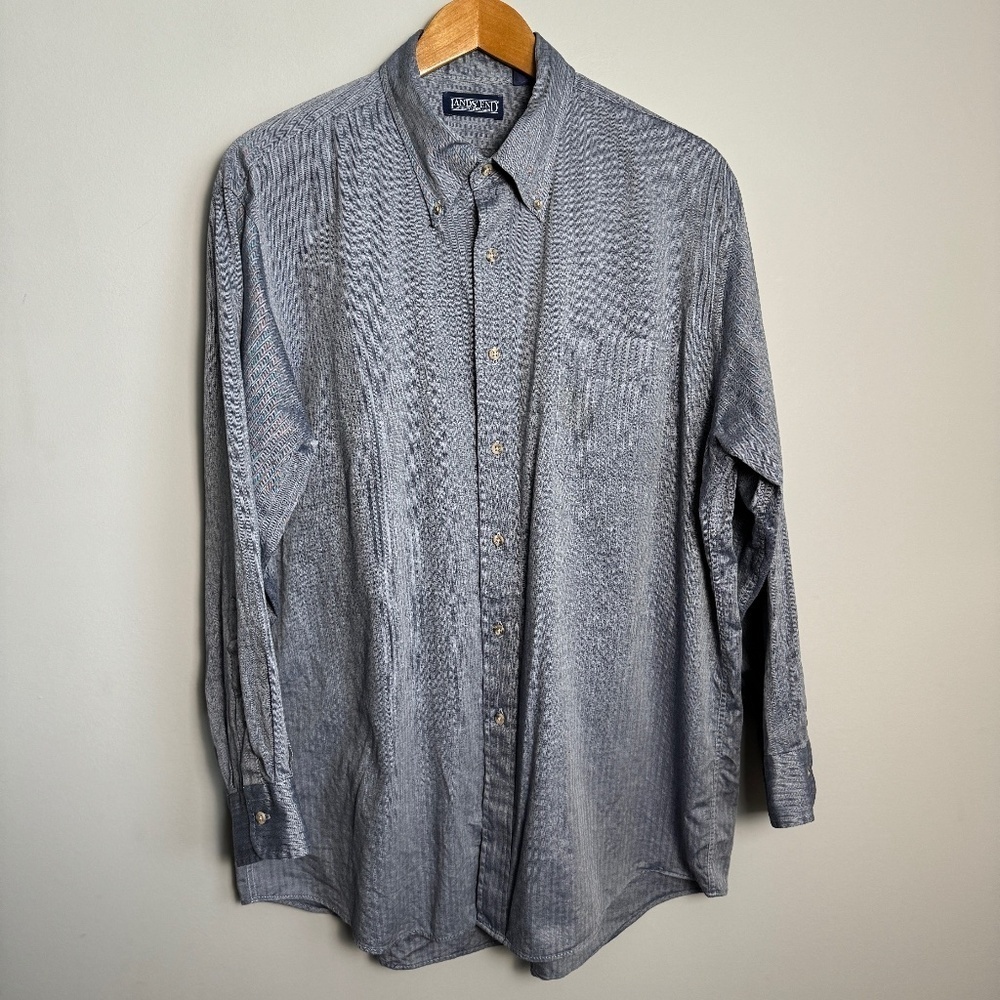 Lands' End Men's Bluish-Gray Herringbone Long Sleeve Button Up Shirt Size 17-33